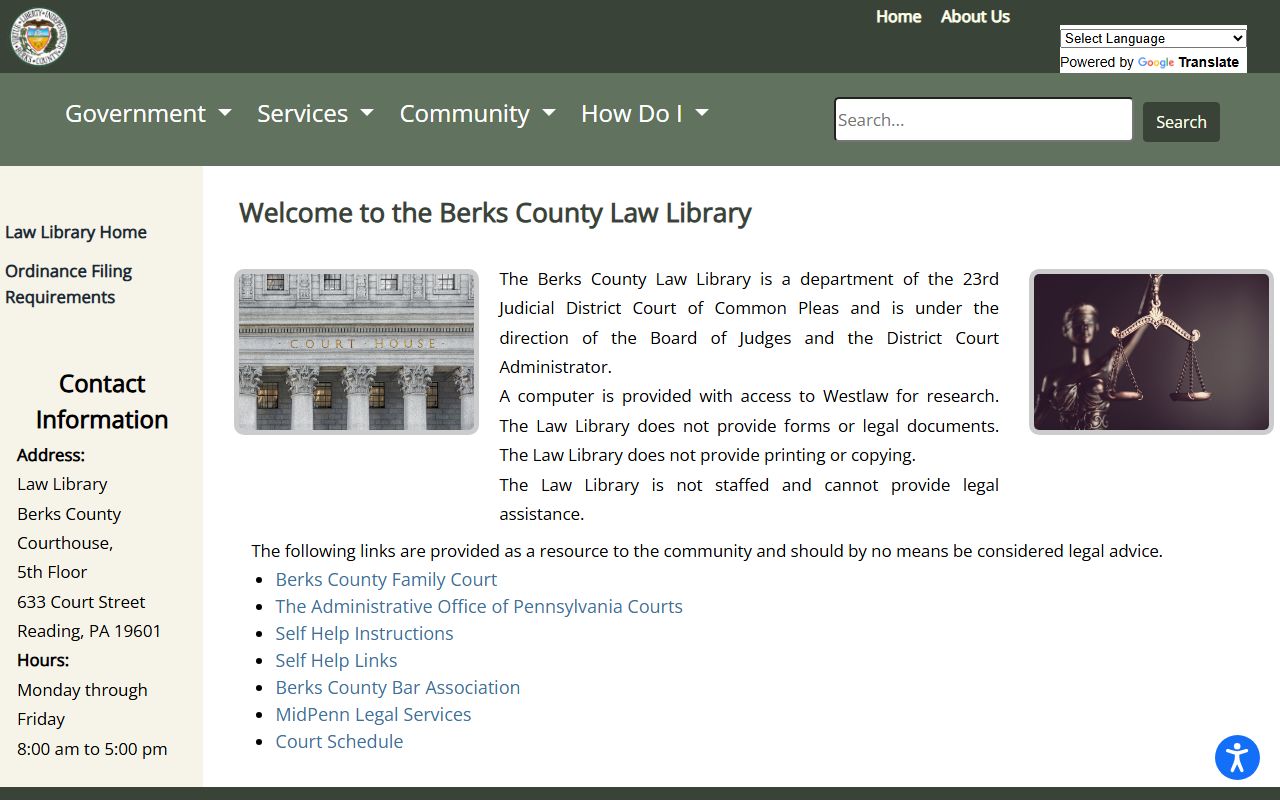 Berks County Law Library page for Prothonotary civil records help