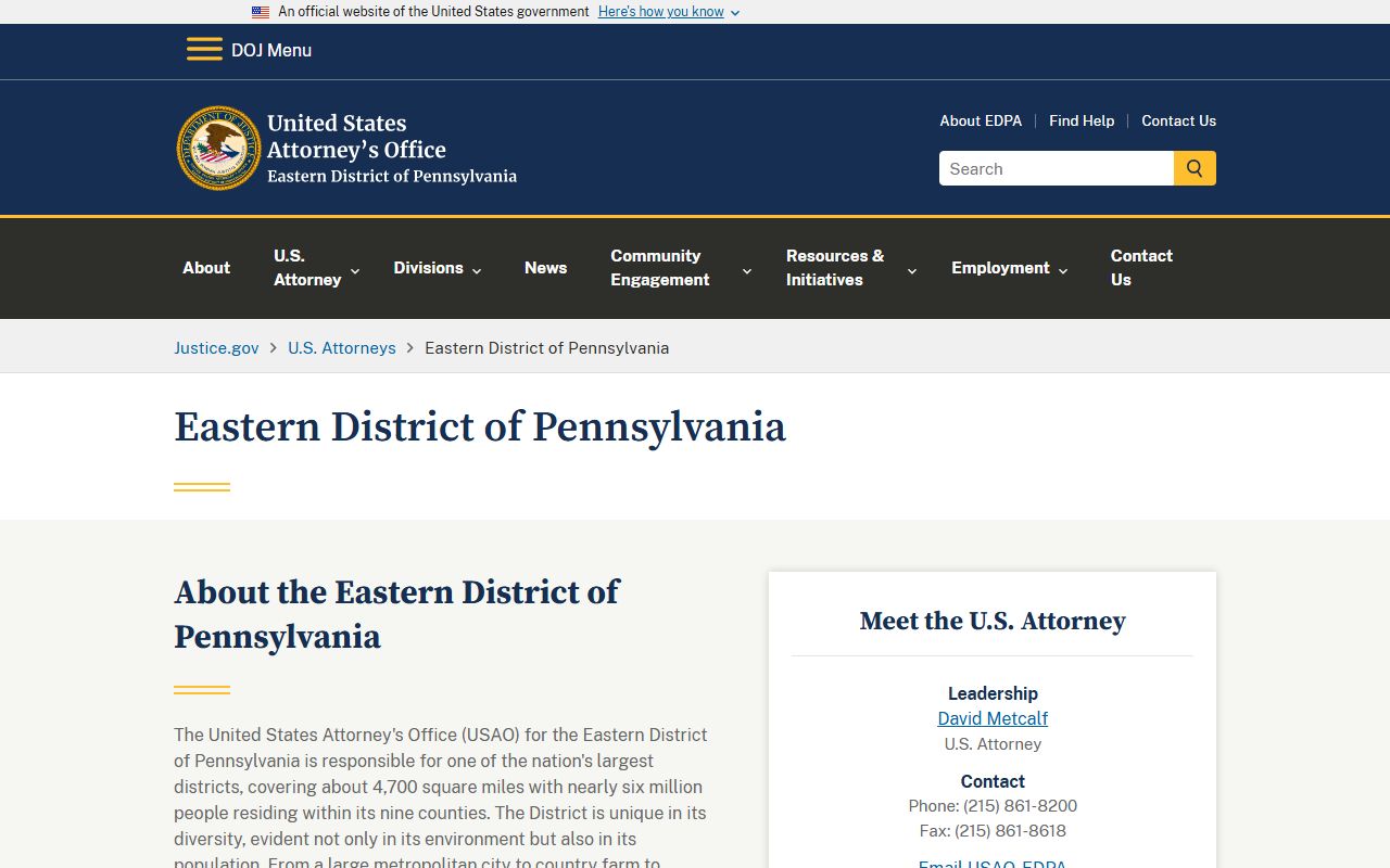 U.S. Attorney Eastern District of Pennsylvania page tied to Berks County court dockets