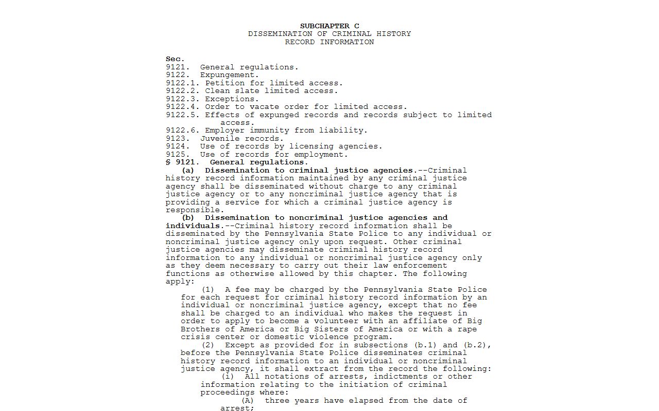 Pennsylvania criminal history dissemination statute for Berks County court dockets