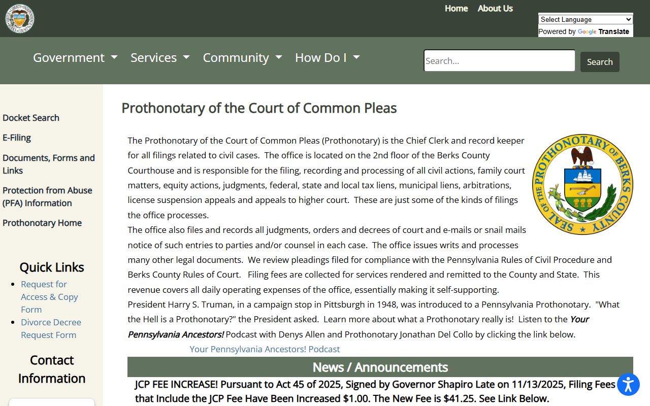 Berks County Prothonotary page for civil court records