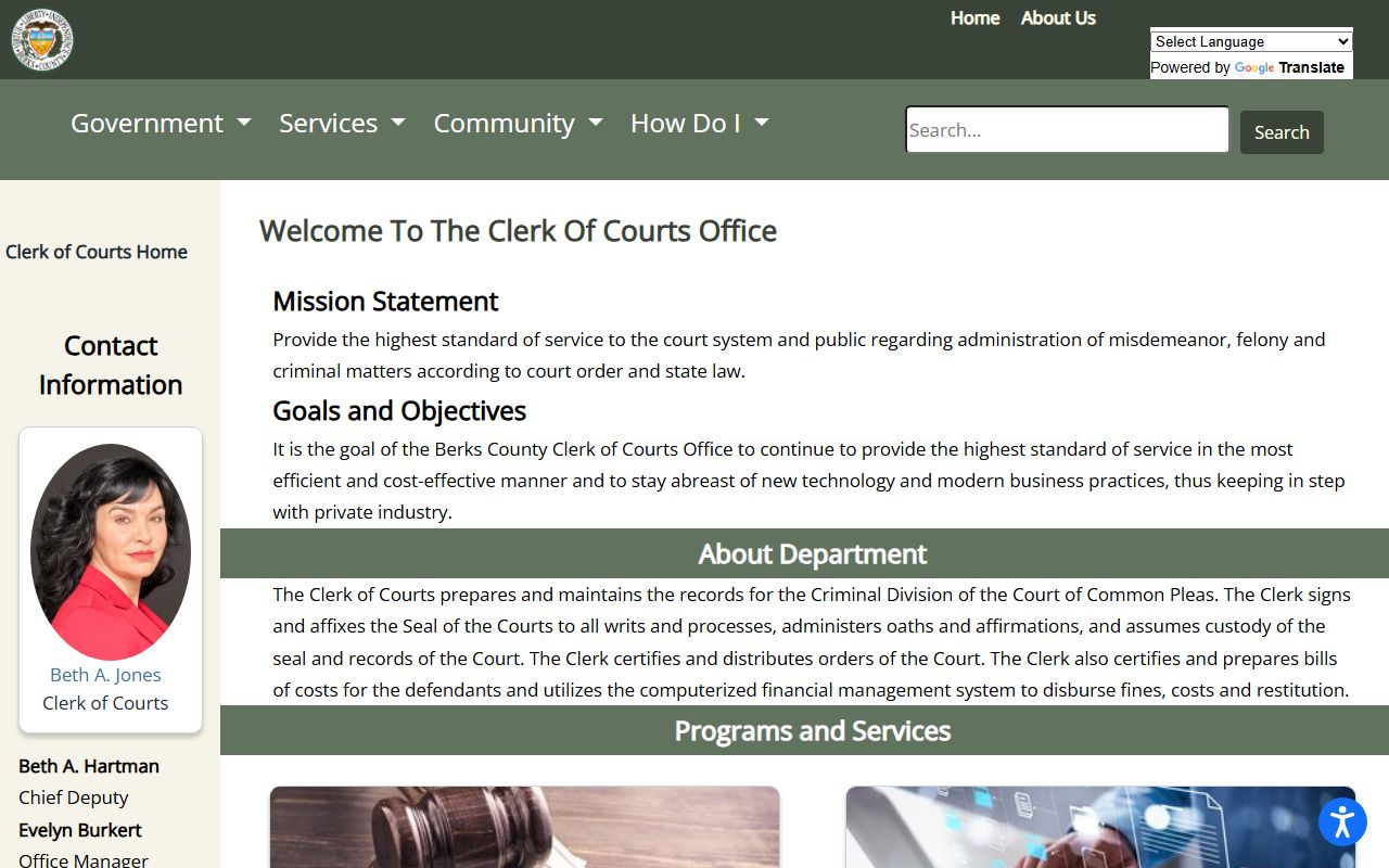 Berks County Clerk of Courts page for criminal court records