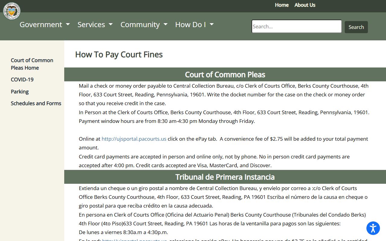 Berks County court fines and PAePay payment page for court records