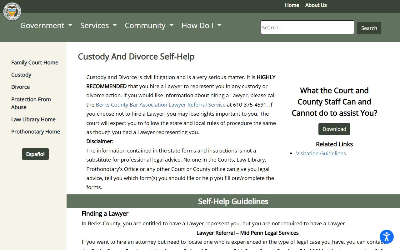 Berks County Family Court self-help page for court records