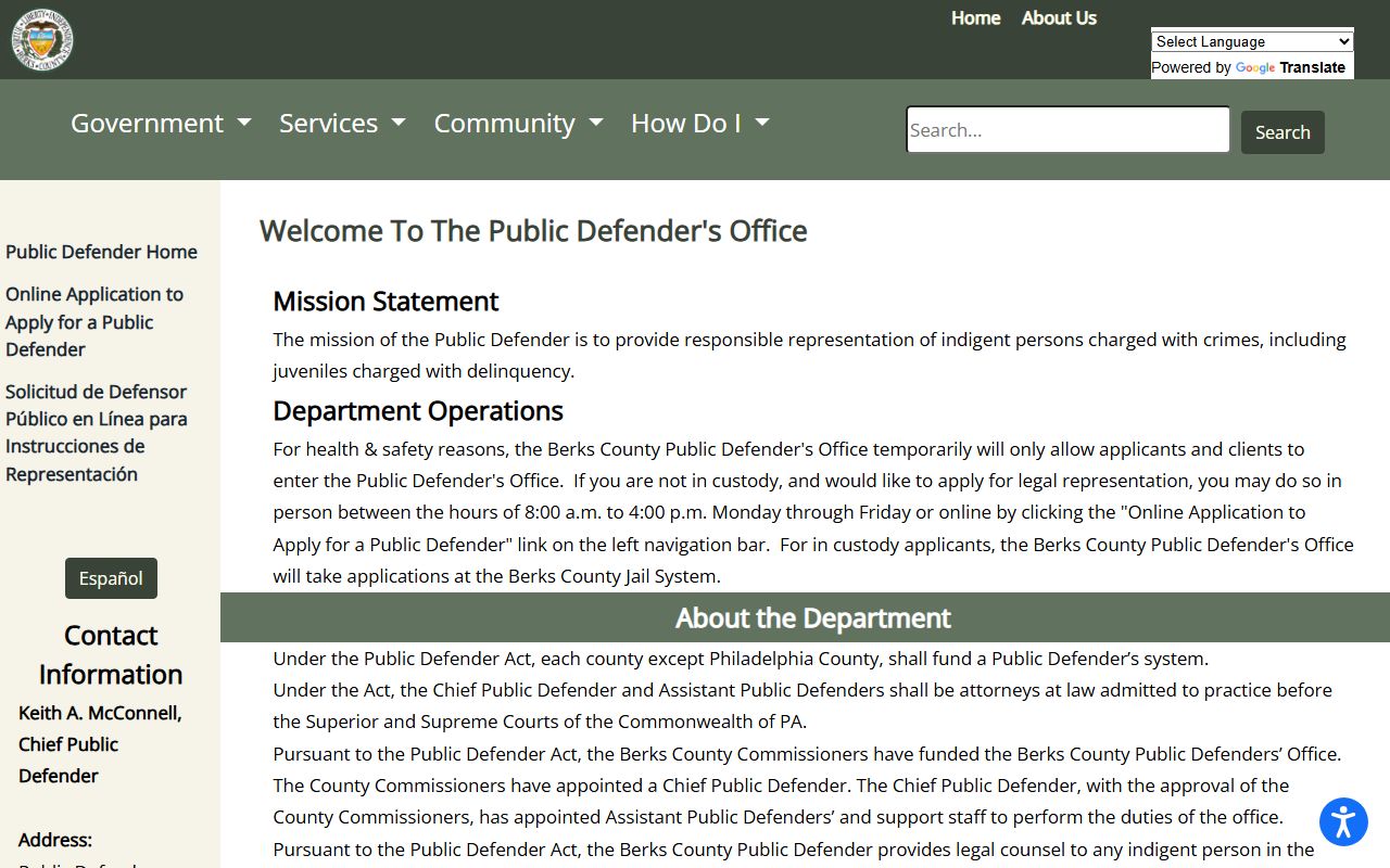 Berks County Public Defender page connected to arrest records