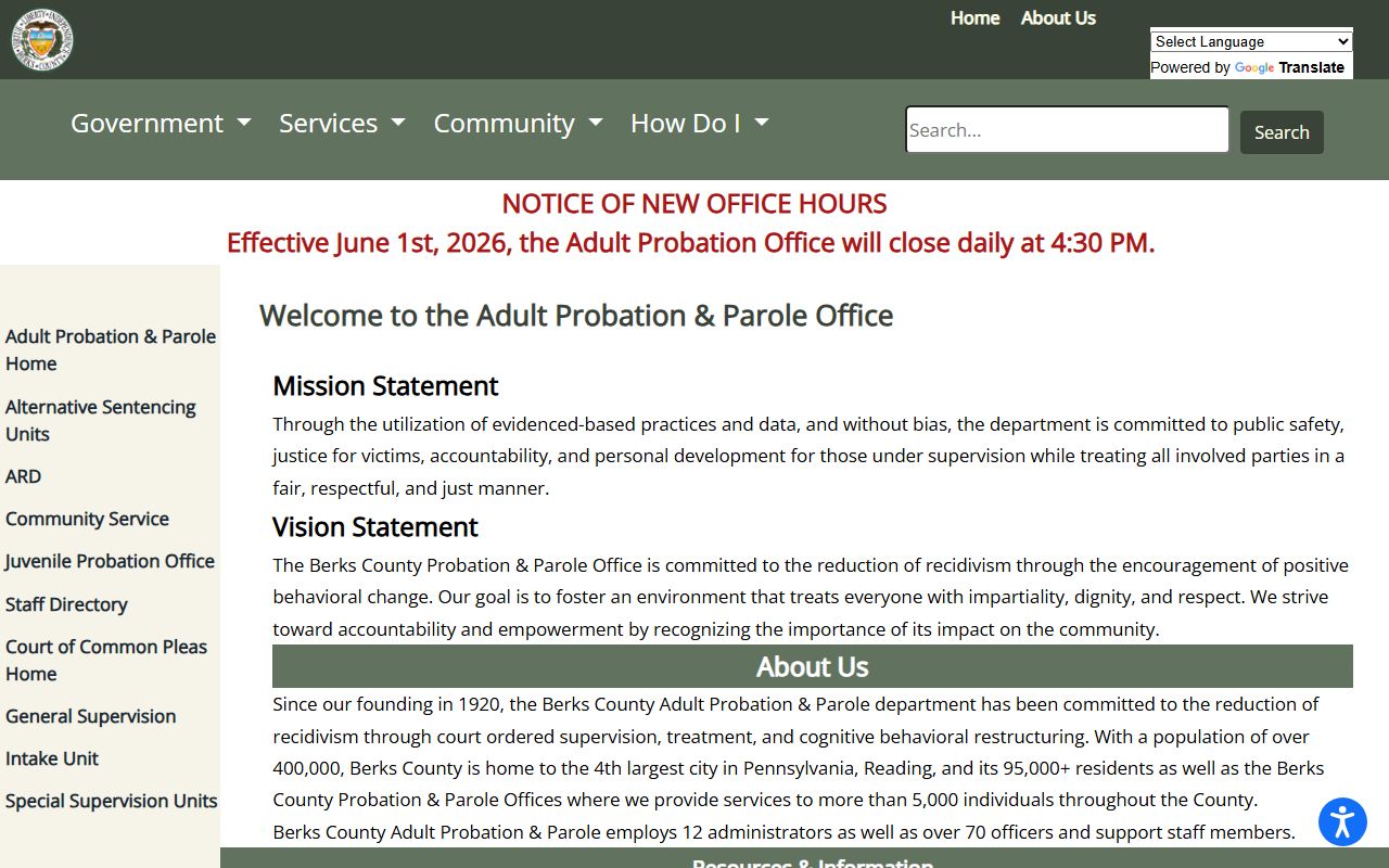 Berks County Adult Probation and Parole page tied to arrest records