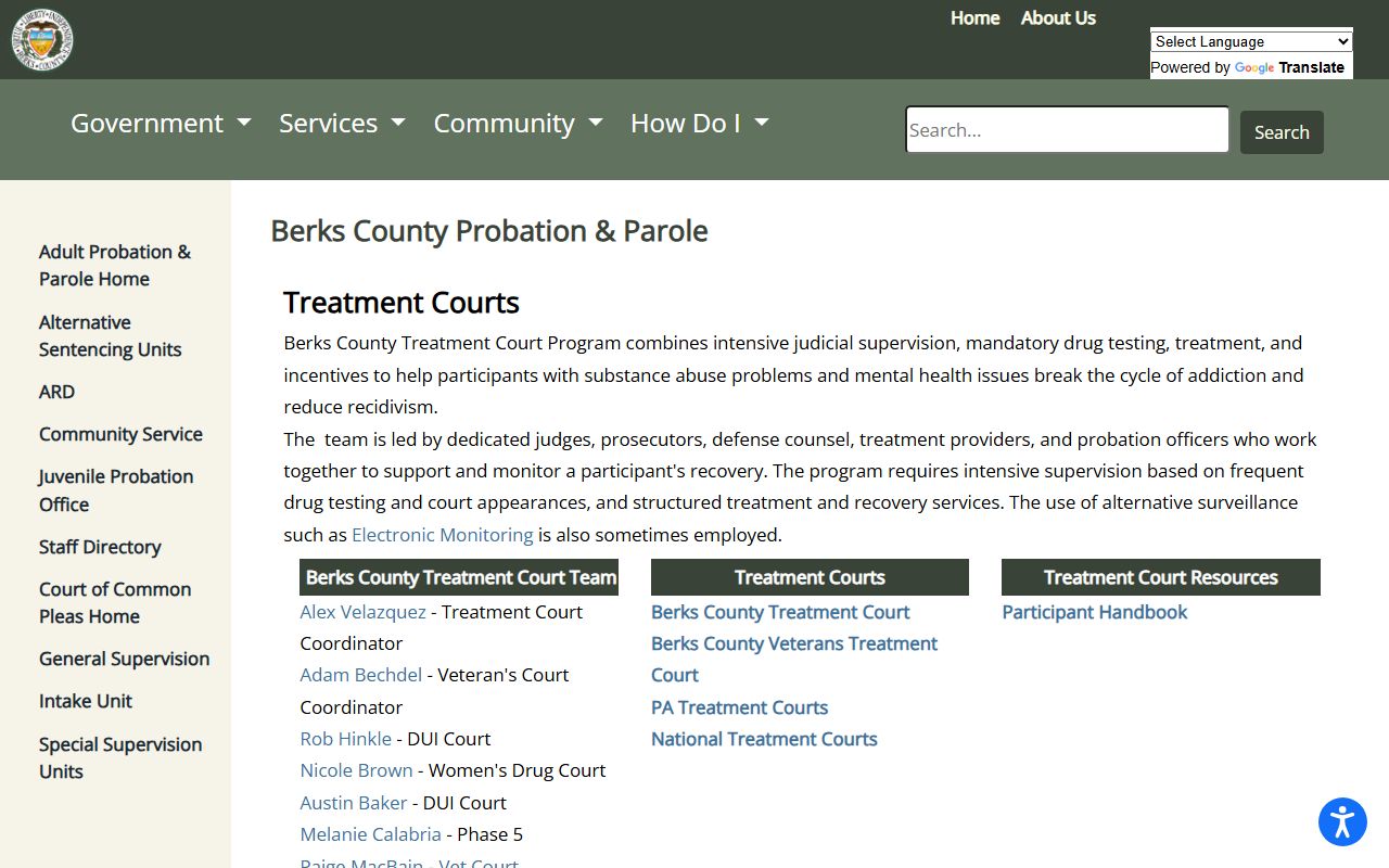 Berks County Adult Probation treatment courts page for arrest records