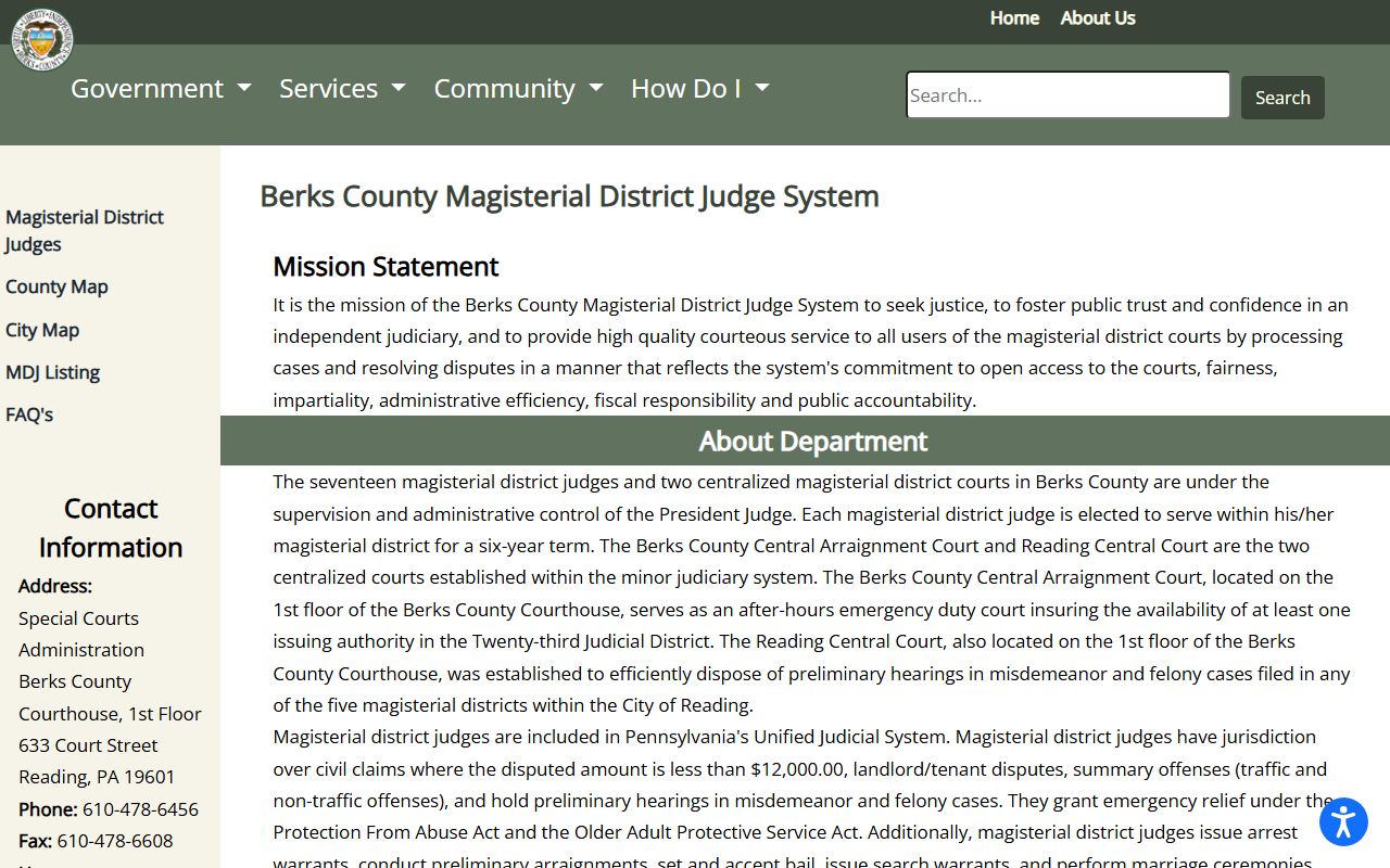 Berks County Magisterial District Judge System page for arrest records