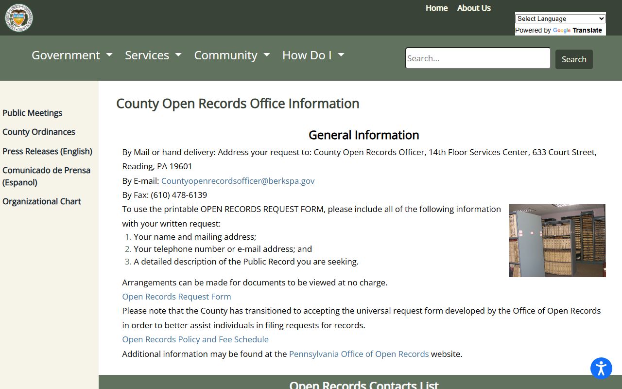 Berks County open records office page for inmate and jail records requests