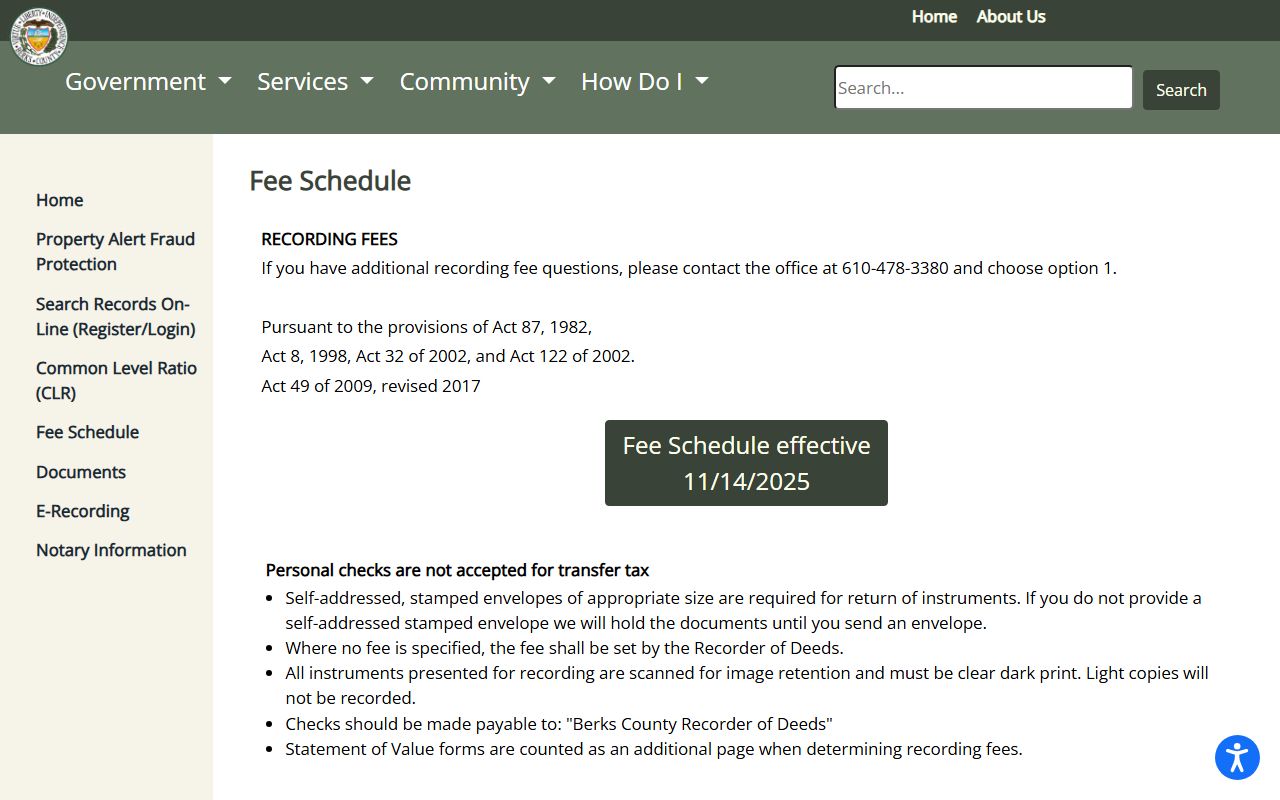Berks County Recorder of Deeds fee schedule for public records