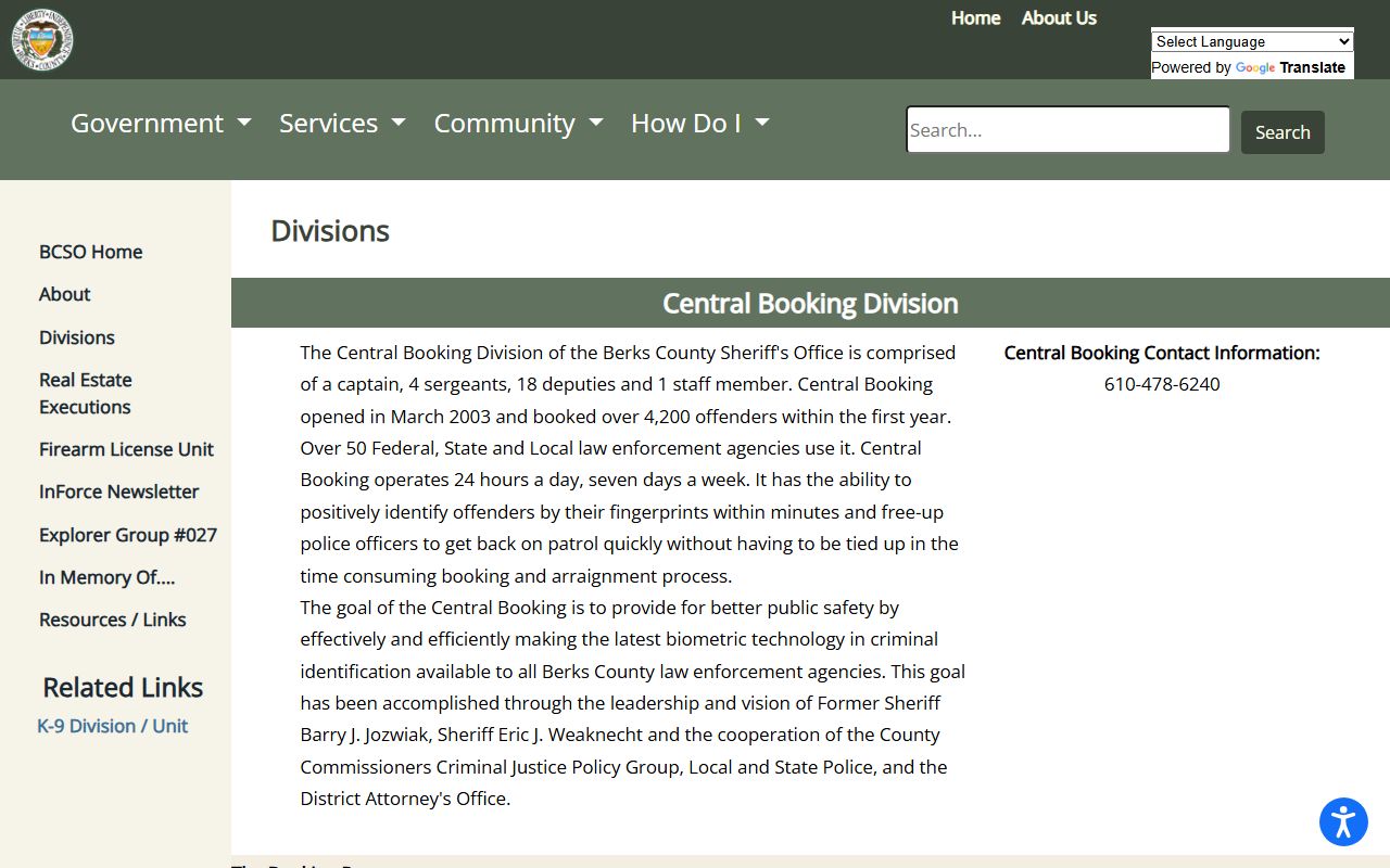 Berks County Sheriff divisions page including warrants and civil process