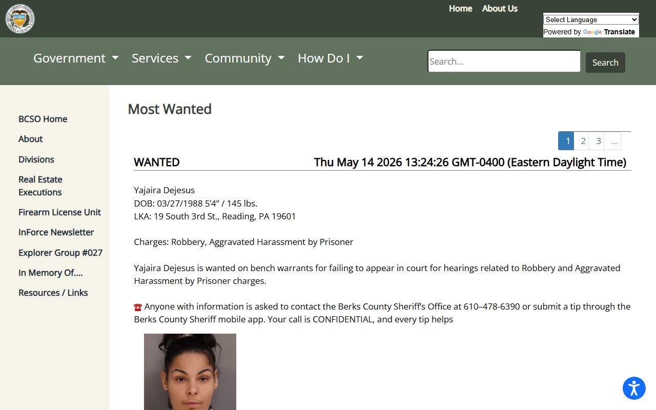 Berks County Sheriff Most Wanted page for warrant records
