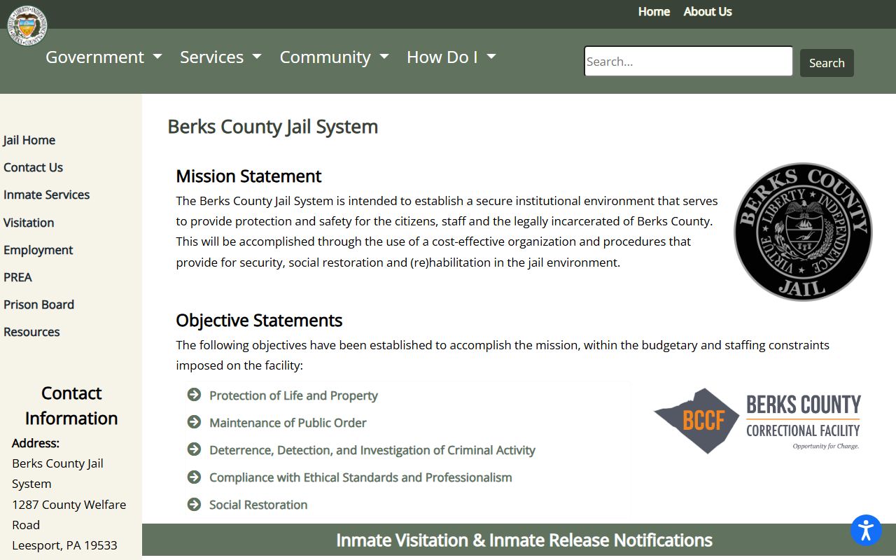 Berks County Jail System page for inmate records and custody