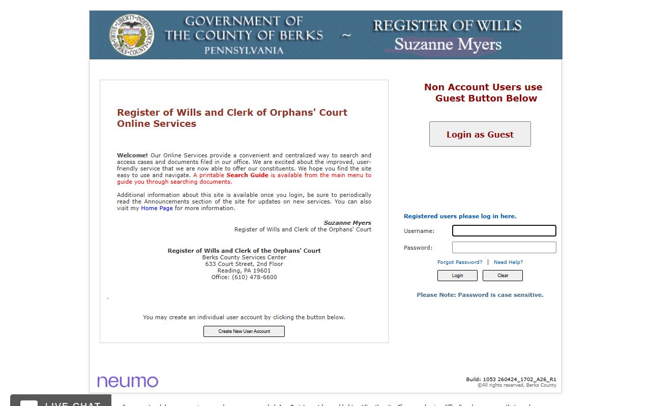Berks County Register of Wills online service portal for marriage records