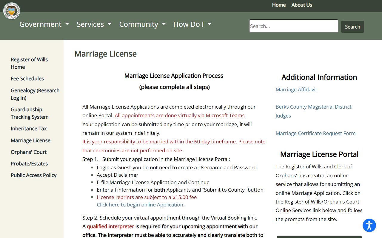 Berks County marriage license instructions for marriage records
