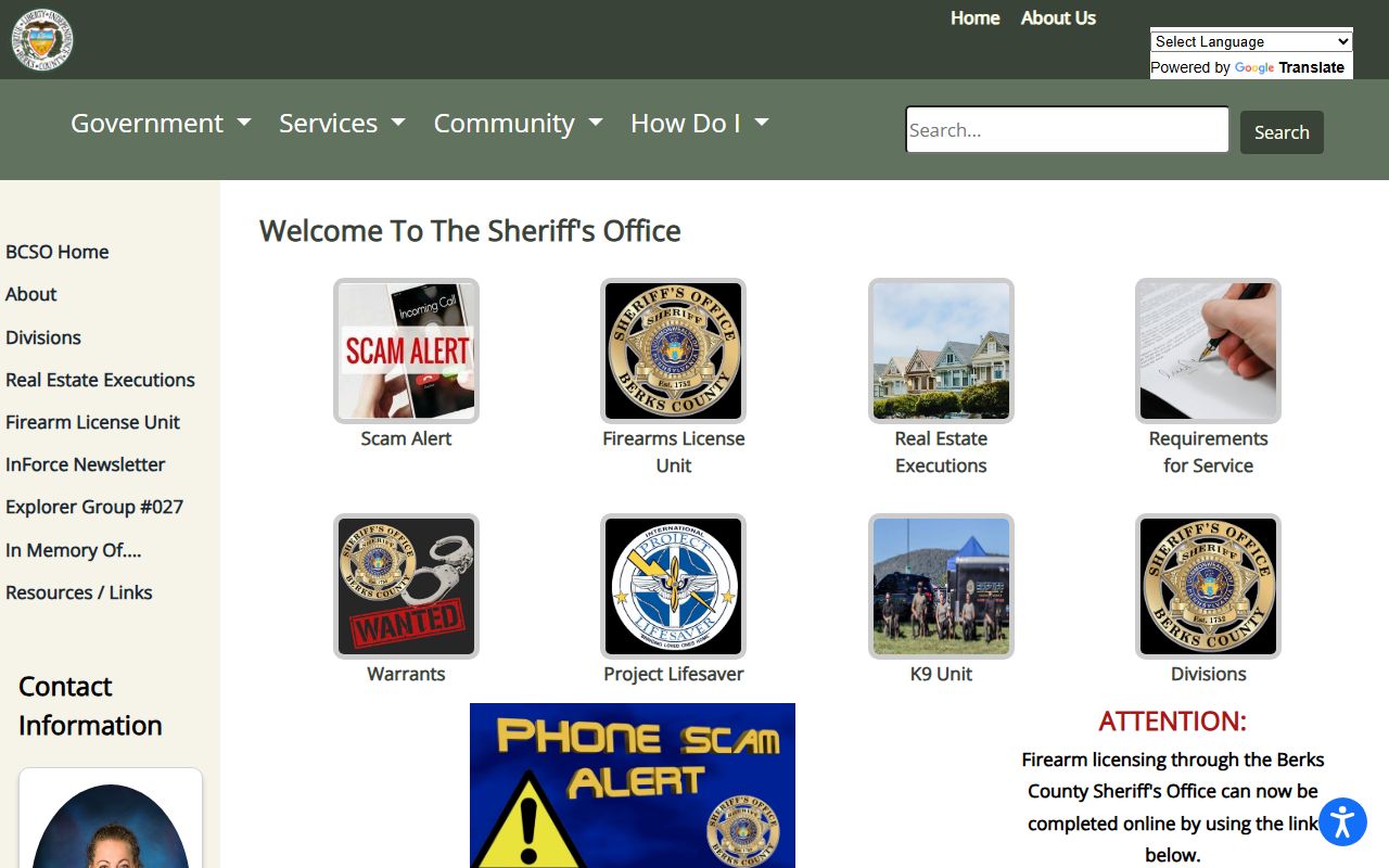 Berks County Sheriff's Office page with warrant scam warning