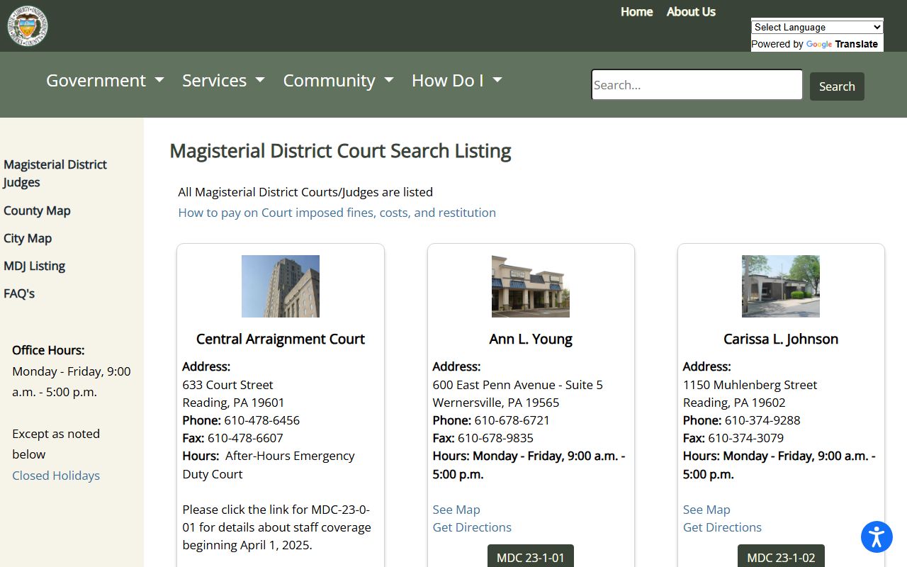 Berks County magisterial district court search listing for the trial court system
