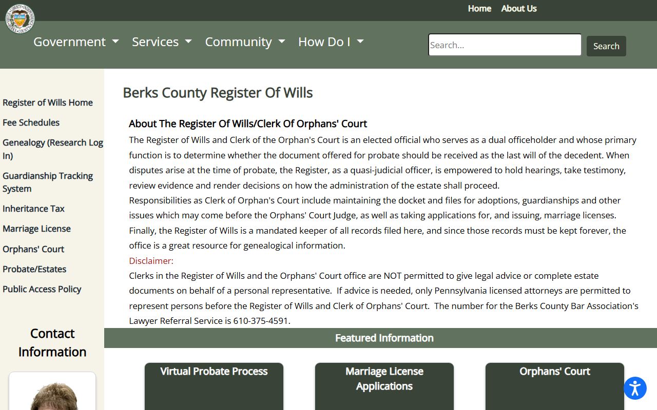 Berks County Register of Wills and Clerk of Orphans' Court page for marriage records