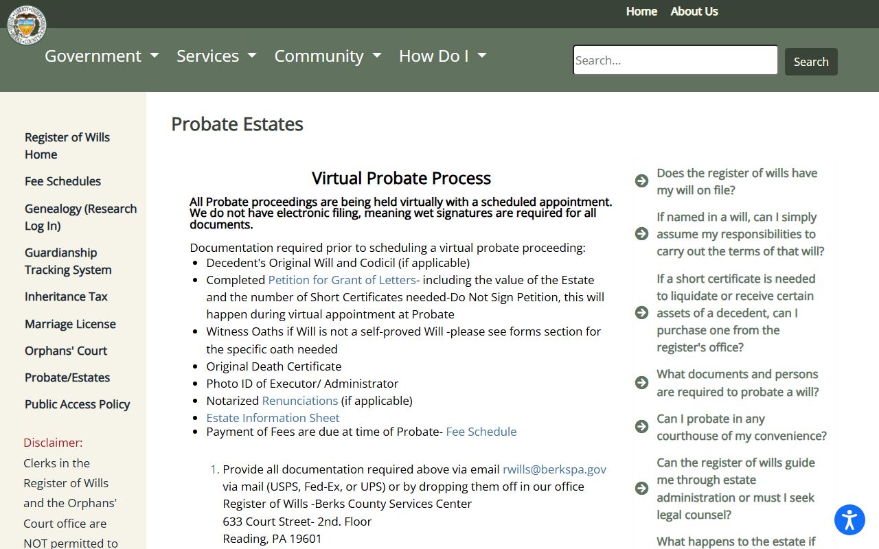Berks County probate and estates page for Orphans' Court records