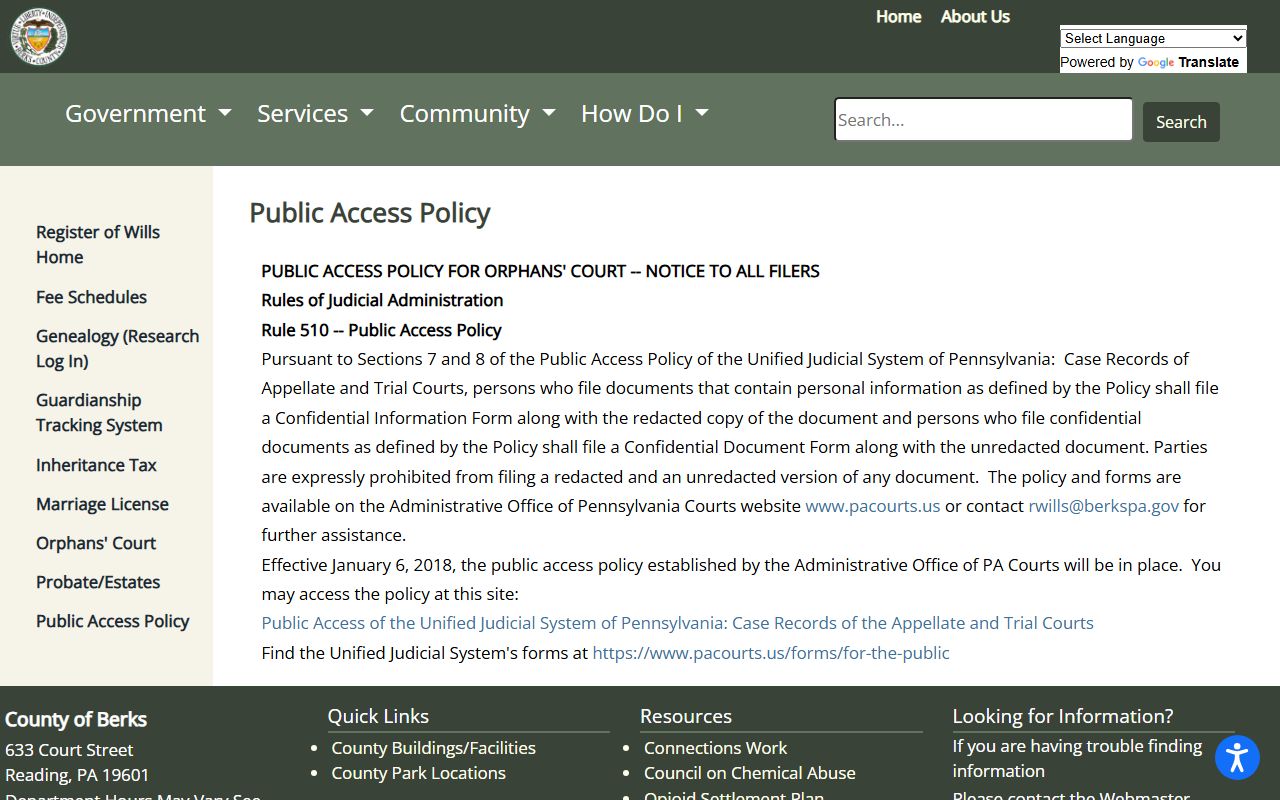 Berks County Orphans' Court public access policy page