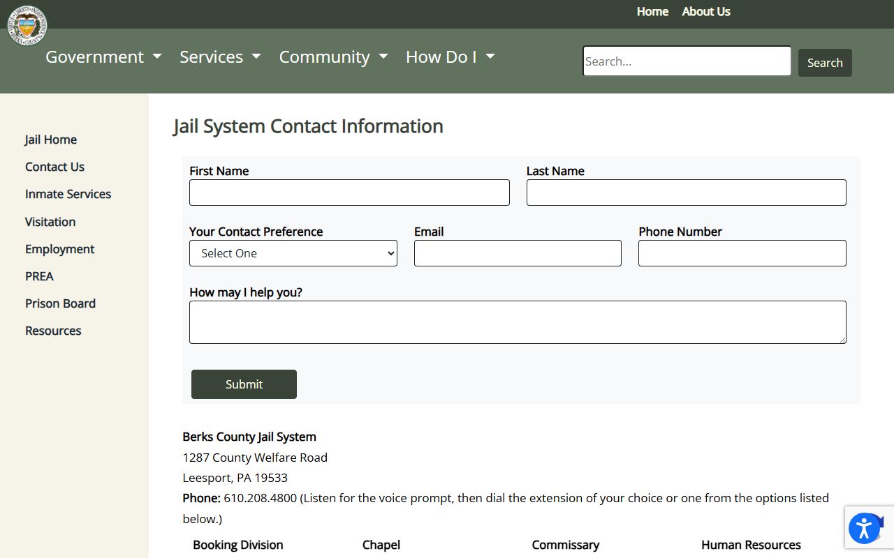 Berks County Jail contact page tied to warrant arrests and records