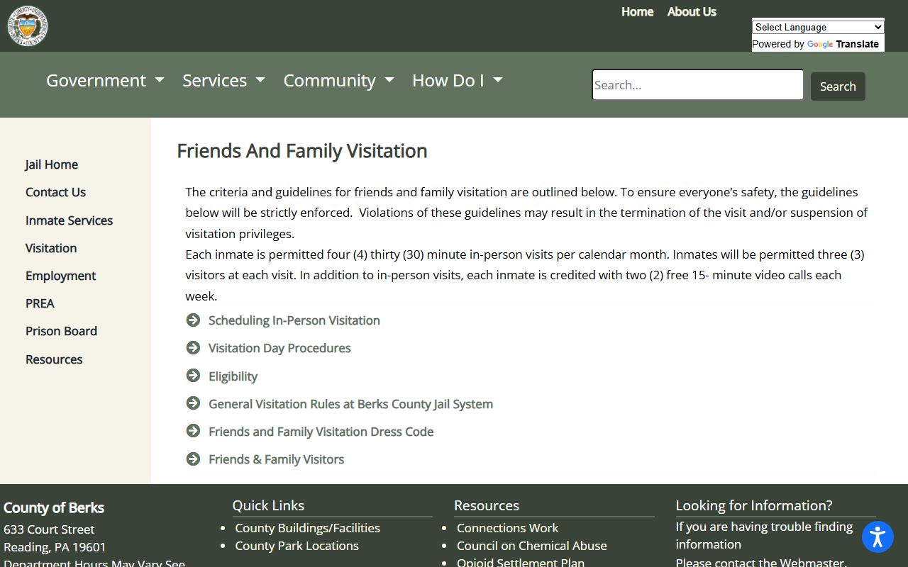 Berks County Jail friends and family visitation rules related to warrant arrests