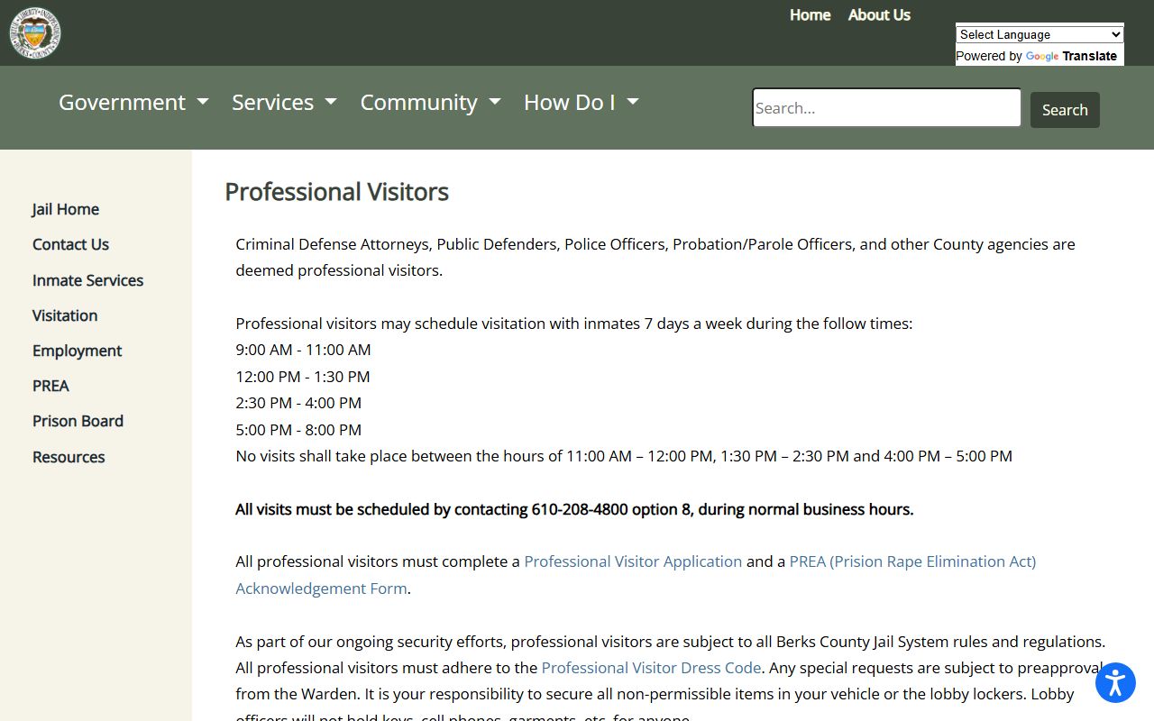 Berks County Jail professional visitors page connected to warrant records