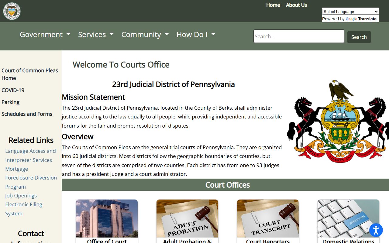 Berks County Court of Common Pleas landing page for court records