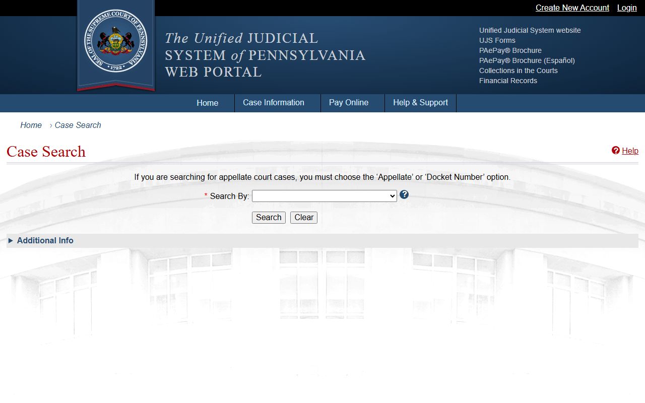 Pennsylvania Judiciary Web Portal case search for Berks County court records