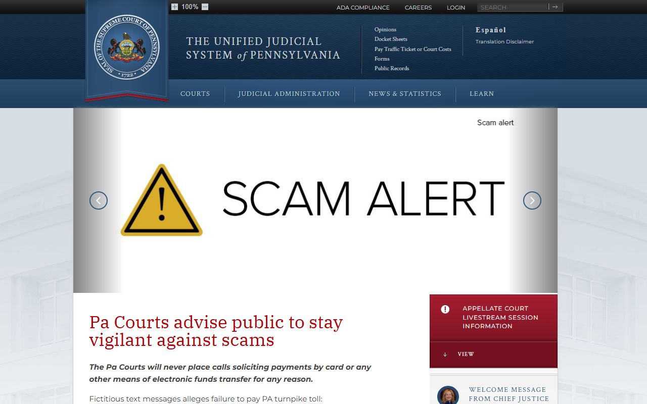 Unified Judicial System of Pennsylvania homepage for Berks County court records access